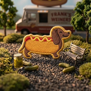 May include: Embroidered patch in the shape of a dachshund hot dog. The patch features a yellow bun, a red and yellow zigzag mustard design, and a brown dog. A miniature hot dog stand is in the background, with the text "Frank's Weiners".