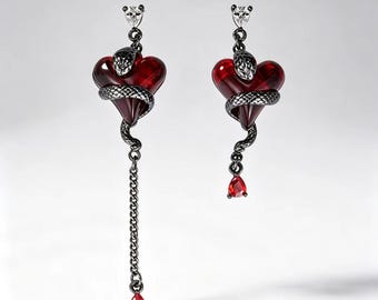 Gothic Snake Red Heart Asymmetrical Drop Earrings, Dark Romantic Punk Statement Earrings, Halloween Alternative Jewelry for Women