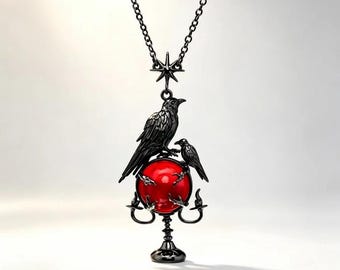 Raven Candelabra Pendant Necklace, Gun‑Black Plated Brass With Red Orb Zircon, Gothic Dark Statement Jewelry, Unique Gift for Men & Women