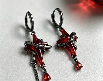 Gothic Asymmetrical Four-Pointed Star Tassel Hoop Earrings, Red Resin & Zircon Drop Earrings for Pierced Ears, Dark Alternative Jewelry