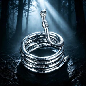 May include: A coiled silver-toned snake figurine with a textured, segmented body and a raised head. The surface of the snake features a metallic, reflective finish with detailed scale patterns along its length and dark, oval-shaped eyes.