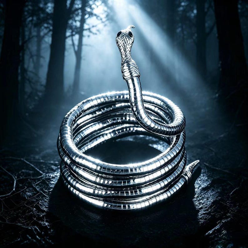May include: A coiled silver-toned snake figurine with a textured, segmented body and a raised head. The surface of the snake features a metallic, reflective finish with detailed scale patterns along its length and dark, oval-shaped eyes.