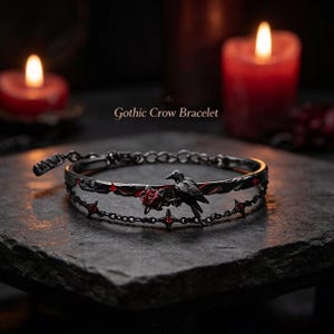 Gothic Crow Rose Double Layer Bangle Bracelet, Black Metal Raven Dark Aesthetic Goth Jewelry Unisex Gift for men and Women