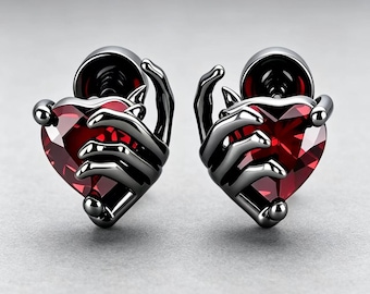 Gothic Skeleton Hand Heart Piercing Studs, Halloween F136 Titanium Screw Back Red Heart Cartilage Stud, Spooky Goth Jewelry Gift