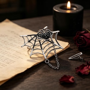 Gothic Retro Spider‑Web Brooch for Men, Black Rhinestone Lapel Pin with Dangling Chain, Father’s Day & Boyfriend Gift, Goth Suit Accessory 