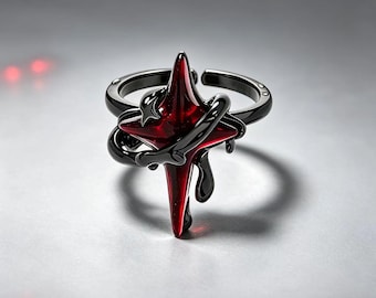 Gothic Four-Pointed Star Adjustable Open Ring, Red Resin Gunmetal Brass Statement Ring, Dark Romantic Alternative Jewelry Gift