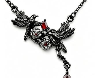 Gothic Double Raven Rose Pendant Necklace, Black Metal Red Crystal Thorn Witch Jewelry, Victorian Dark Academia Goth Gift