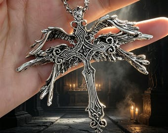 Edgy Gothic Seraphim Cross Pendant Necklace ,Dark Mysterious Street Accessory for Daily Layering