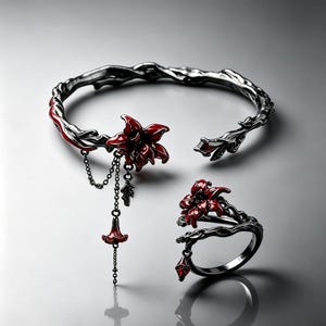 May include: A dark metallic open cuff bracelet and a matching ring, both featuring a textured vine-like design with glossy red flower accents. The bracelet includes delicate hanging chains with a small red floral charm, creating a cohesive set.