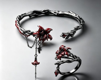 Spider Lily Gothic Open Cuff Bangle, Matching Adjustable Ring Included, Witchcore Dark Occult Goth Jewelry