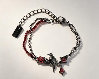 Gothic Raven Rose Bracelet, Halloween Statement Bracelet, Black Plated Brass Red Zircon Jewelry, Gift For Her