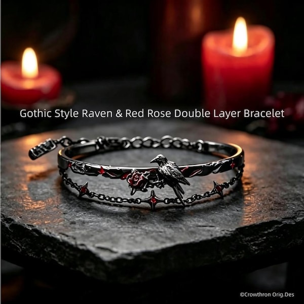 Gothic Crow Rose Double Layer Bangle Bracelet, Slim Wrist Fit Black Metal Raven Goth Jewelry, Delicate Gift for Slender Wrist Women