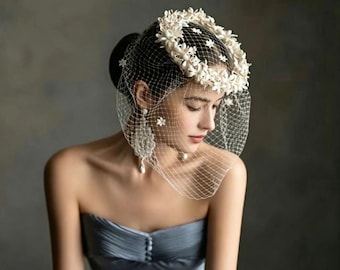 Vintage Floral Birdcage Veil, French Netting Face Veil, Retro Botanical Pin Brooch Style Veil, Wedding & Evening Gown Jewelry Gift For Her