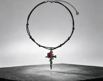 Gothic Red Rose Cross Choker, Gunmetal Thorn Pendant, Black Waxed Cord Necklace, Dark Punk Alternative Jewelry, Halloween Goth Gift