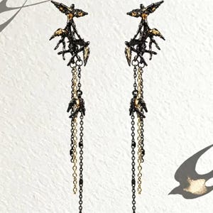 Gold Swallow Return Tassel Earrings, Brass Cold Enamel Dangle Earrings, Oriental Gothic Statement Ear Post Artisan Jewelry