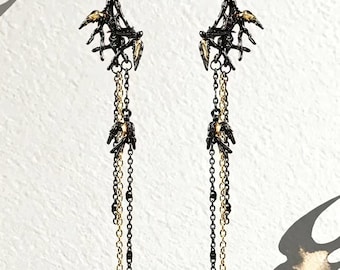 Gold Swallow Return Tassel Earrings, Brass Cold Enamel Dangle Earrings, Oriental Gothic Statement Ear Post Artisan Jewelry