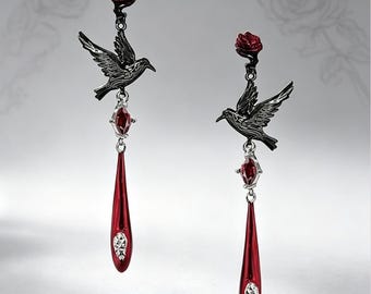 Gothic Raven Rose Pierced Dangle Earrings, Red Zircon, Gun‑Black Plated Brass, Witchy Goth Jewelry