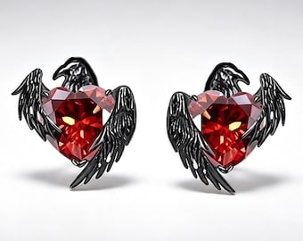Caged Heart Raven Wing Stud Earrings, Gunmetal Brass Dark Romantic Occult Studs, Witchy Gothic Alternative Aesthetic Jewelry