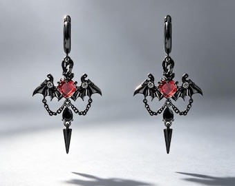 Bat Blood Heart Gothic Pierced Dangle Earrings, Gunmetal Brass Dark Punk Statement Jewelry, Birthday & Halloween Gift Idea