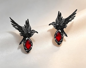 Brass Gunmetal Raven Stud Earrings, Red Teardrop Zircon Crow Earrings, Gothic Witchy Dark Alternative Jewelry