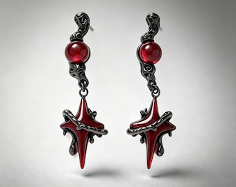Gothic Dark Aesthetic Star Dangle Earrings, Brass Red Resin with Hypoallergenic 925 Sterling Silver Pin for Sensitive Ears