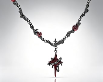 Red Forbidden Four-Pointed Star Collarbone Necklace, Gothic Cross Pendant, Gunmetal Dark Aesthetic Jewelry