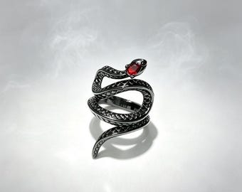 Black Coiled Snake Ring, Red CZ Gothic Ladies Statement Ring, Women’s Halloween Birthday Gift