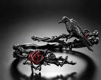 Gothic Raven Rose Arm Cuff, Adjustable Upper Arm Band, Brass Jewelry, Witchy Dark Romantic Gift, Free Adjustable Rose Ring