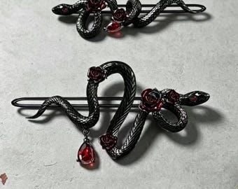 Gothic Snake & Rose Hairslides Set, Gun‑Black Metal Clips, Red Zircon Dark Romantic Alternative Hair Accessories