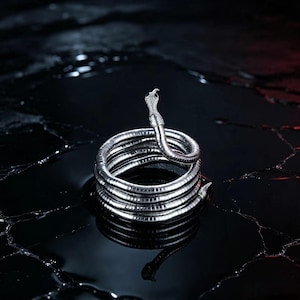 May include: A silver-toned metal ring shaped like a coiled snake. The band features a segmented, textured design that wraps around multiple times, with the snake's head rising from the top. The surface has a polished, reflective metallic finish.