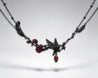 Raven Thorn Rose Gothic Necklace, Gunmetal Brass Witchcore Dark Academia Alternative Jewelry, Romantic Goth Gift for Her