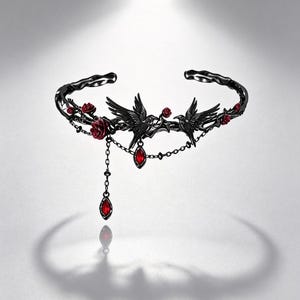 Op de afbeelding: Een zwarte metalen armband met twee gebeeldhouwde vogels, ingewikkelde takken en kleine rode rozen. Het sieraad is versierd met fijne zwarte kettinkjes en twee bungelende, in marquise geslepen rode edelsteenhangers die het licht vangen.