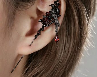 Raven and Rose Gothic Pierced Drop Earrings, Gunmetal Brass Dark Romantic Alt Dangle Earrings, Witchy Goth Jewelry Gift for Her