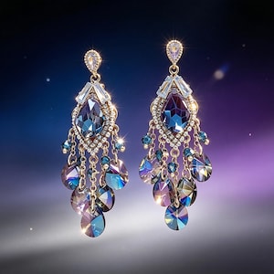 Peut inclure: Une paire de boucles d'oreilles chandelier avec des montures en métal doré, des cristaux clairs taille baguette et des pierres facettées en forme de goutte d'un bleu et violet profonds. Le design inclut des chaînes pendantes avec des perles bleues.