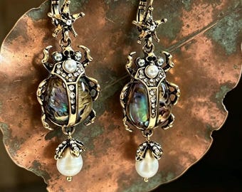 Beetle Leverback Earrings, Iridescent Shell & Baroque Pearl Dangles, Victorian Gothic Insect Jewelry