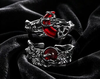 Skeleton Hand Sun Moon Couple Rings, Adjustable Gunmetal Red Cold Enamel Gothic Promise Rings