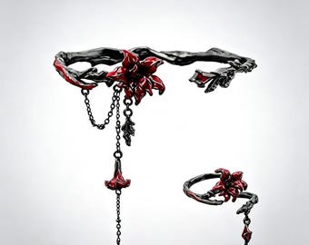 Datura Gothic Open Cuff Armring, Gratis matchande justerbar ring ingår, Witchcore Dark Occult Goth Smycken