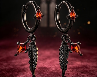 Feather Gothic Huggie Hoops | Premium Sparkling Kite-Cut CZ Earrings for Halloween & Alternative Parties