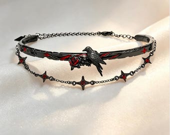 Subculture Gothic Raven Thorn‑Rose Double Layer Choker, Gunmetal Brass Statement Dark Alternative Jewelry, Witchy Unisex Gift for Him & Her