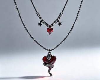 Gothic Snake Heart Layered Necklace, Red Resin Heart Pendant, Dark Romantic Punk Statement Jewelry
