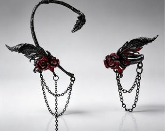 Gunmetal Brass Gothic Asymmetric Rose & Raven Feather No Piercing Ear Cuff, Dark Vampire Witchy Wrap, Romantic Goth Accessory Gift for Her