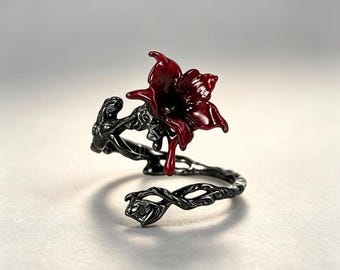 Adjustable Open Floral Statement Ring, Gunmetal Brass Datura’s Tear Witchy Gothic Band, Dark Academia Birthday Mother’s Day Halloween Gift