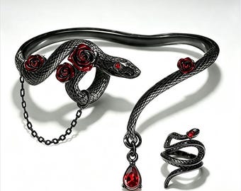 Serpent Open Cuff Bracelet | Bonus Snake‑Rose Ring Included, Dark Romantic Occult Gothic Jewelry Set