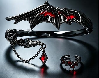 Shadow‑Hunt Dragon Wing Open Cuff Bracelet, Free Matching Dragon Wing Ring Gift, Brass Alloy Gun‑Black Plated, Dark Gothic Jewelry for Gift