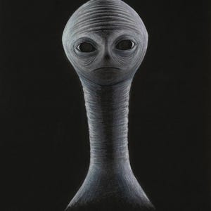 Puede incluir: Dibujo en escala de grises de un extraterrestre con una cabeza grande, ojos ovalados y un cuello largo. La piel del extraterrestre tiene una apariencia texturizada y el fondo es negro sólido. La obra de arte es un retrato de un ser extraterrestre.