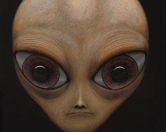 May include: A detailed drawing of an alien's face against a black background. The alien has a large, smooth head with prominent, almond-shaped eyes in shades of brown and pink. The skin tone is a light brown, and the facial features are subtly defined.