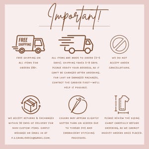May include: A pink graphic with text that reads "Important!" and details about free shipping, order processing, returns, and sizing. Icons of a truck, a box, a needle and thread, and a t-shirt are included.