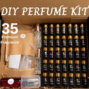 Kit de fabrication de parfum DIY • 35 parfums/huiles essentielles, équipement de laboratoire, guide (PDF numérique) • Créez votre propre parfum • Kit de parfums personnalisés