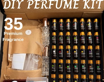 Kit per la creazione di profumi fai da te • 35 oli essenziali/fragranze, attrezzatura da laboratorio, guida (PDF digitale) • Crea il tuo profumo • Kit per fragranze personalizzate