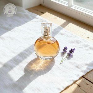 May include: A round, clear glass perfume bottle filled with amber-colored liquid, featuring a gold-toned spray nozzle and cap. A small sprig of purple lavender flowers rests beside the bottle, which is marked with a circular logo reading AROMA DE VIE.